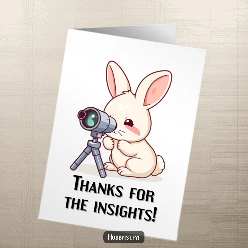 Funny Free Printable Thank You Card: Curious rabbit looking through a telescope, thoughtful expression, expressing gratitude.