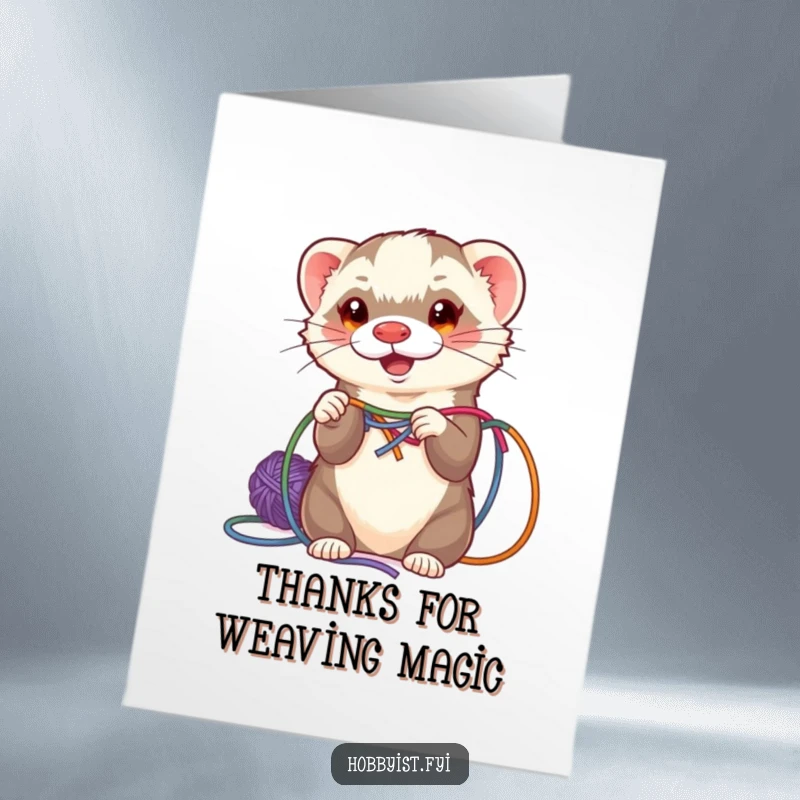 Funny free printable thank you card with a playful ferret weaving colorful yarn, symbolizing intricate appreciation.