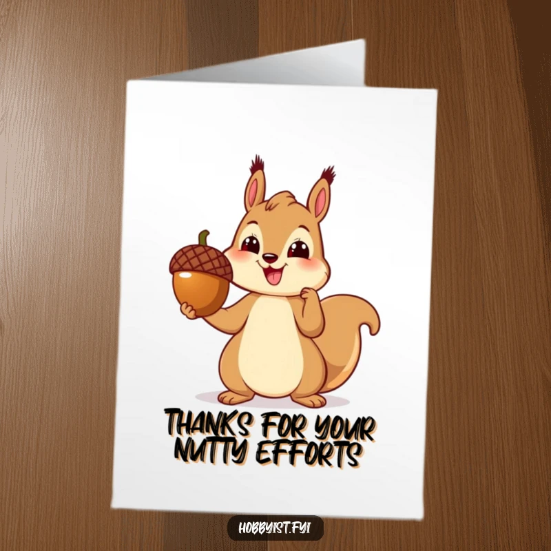 Funny Free Printable Thank You Card: Cheerful squirrel proudly presenting a perfectly crafted acorn sculpture, artfully expressing thanks.