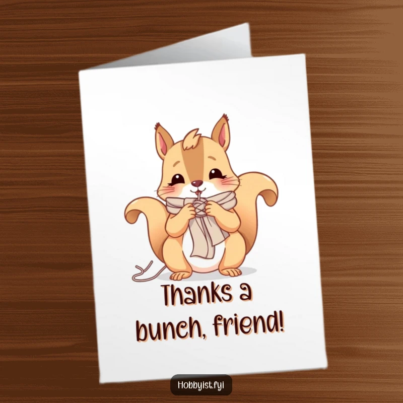 Funny Free Printable Thank You Card: A content squirrel focused on knitting a tiny scarf, sending thanks with warmth.