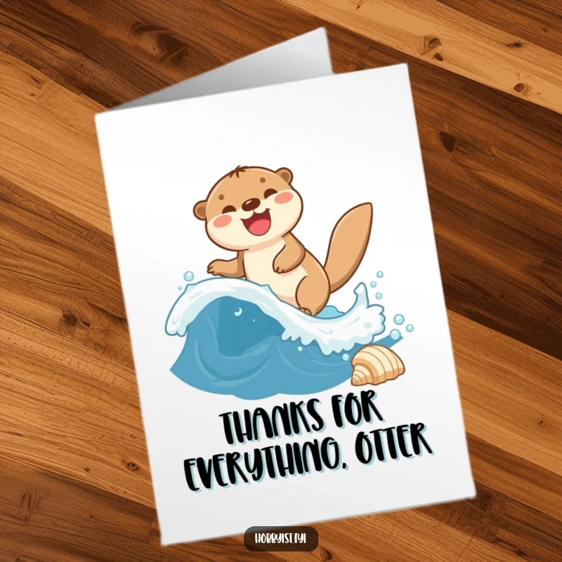 Funny Free Printable Thank You Card: A giggling otter surfs a wave towards a seashell, sending thanks with joy. Downloadable art.