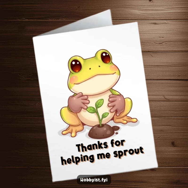 Funny Free Printable Thank You Card: Playful frog in tiny gardening gloves carefully tending a miniature sprout, a symbol of nurtured appreciation.