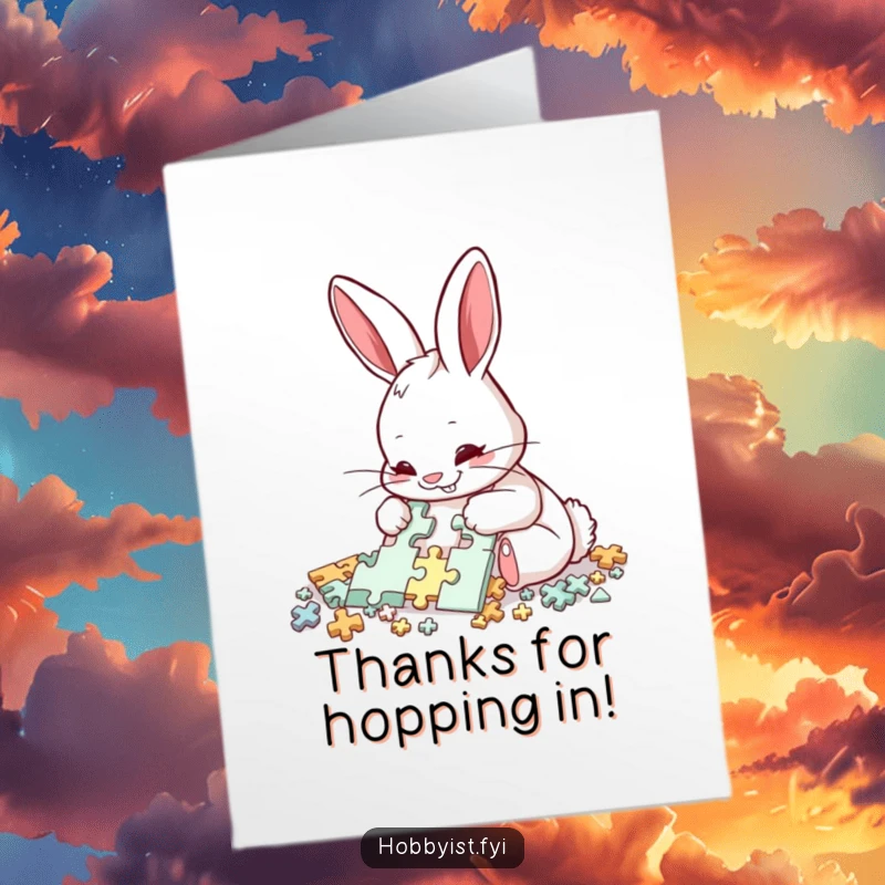 Funny Free Printable Thank You Card: A delighted rabbit meticulously assembles a complex puzzle, a symbol of focused gratitude.