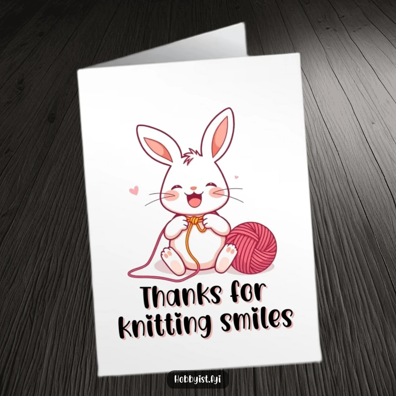 Funny Free Printable Thank You Card: A joyful rabbit enthusiastically knitting a colorful yarn ball, smiling gratefully.