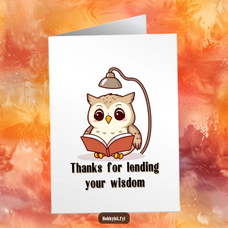 Funny free printable thank you card depicting a content owl reading a book, conveying quiet appreciation and thoughtfulness.
