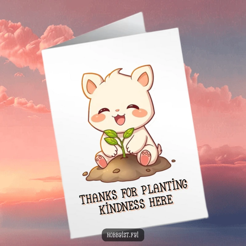 Funny Free Printable Thank You Card: a joyful creature planting a tiny, glowing sapling, expressing deep thanks.
