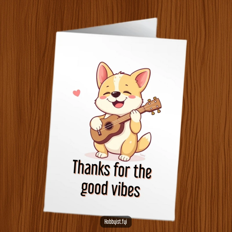 Funny Free Printable Thank You Card: A giggling dog happily strums a tiny ukulele, sending thanks with a cheerful song.