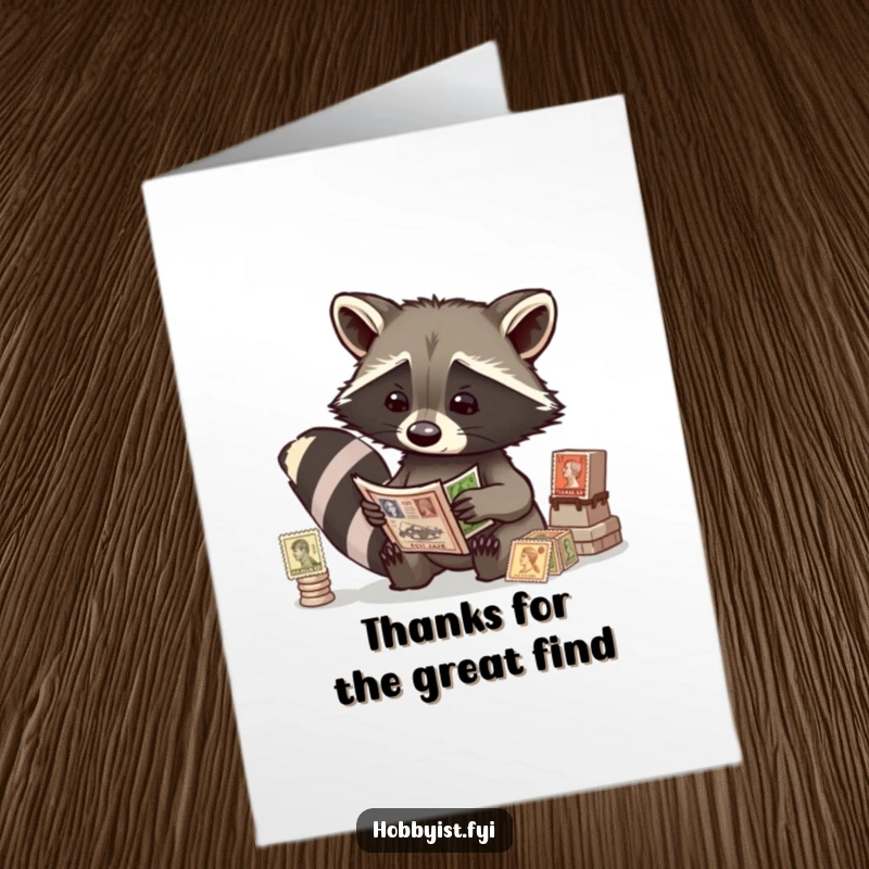 Funny free printable thank you card with a curious raccoon examining antique stamps, symbolizing detailed appreciation.