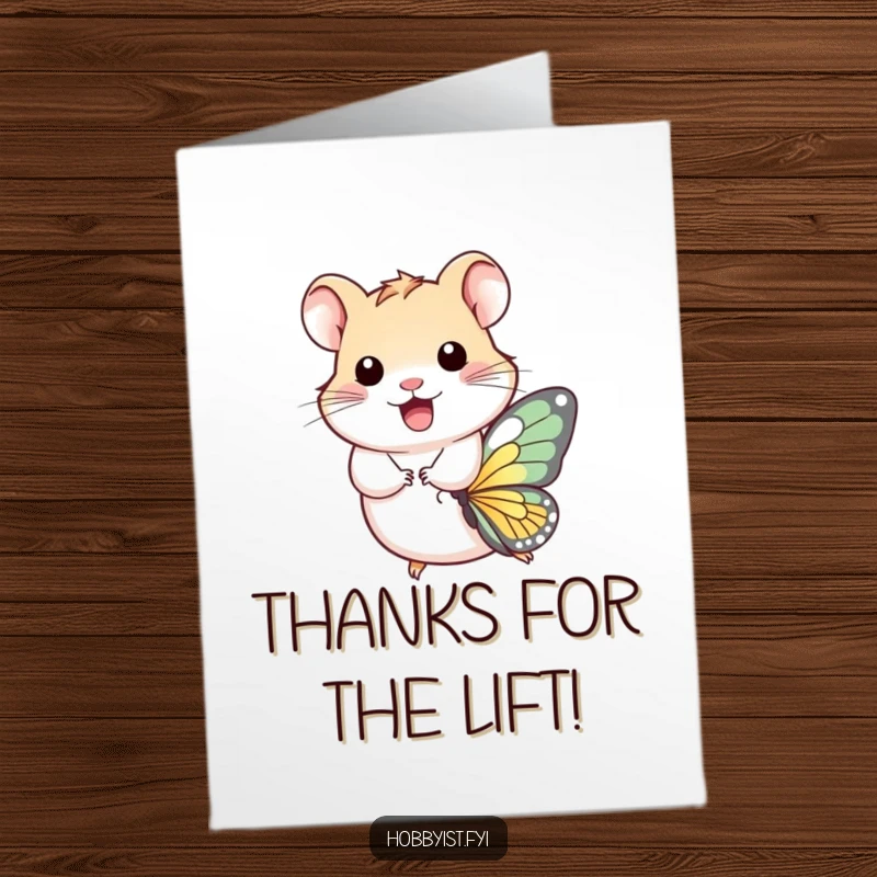 Funny Free Printable Thank You Card: A happy hamster on a butterfly, conveying heartfelt thanks with a smile.