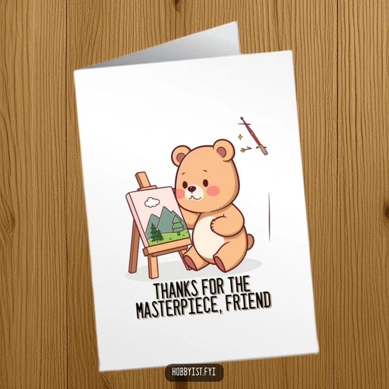 Funny Free Printable Thank You Card: A cute bear artist painting a small landscape on a canvas, holding a paintbrush.