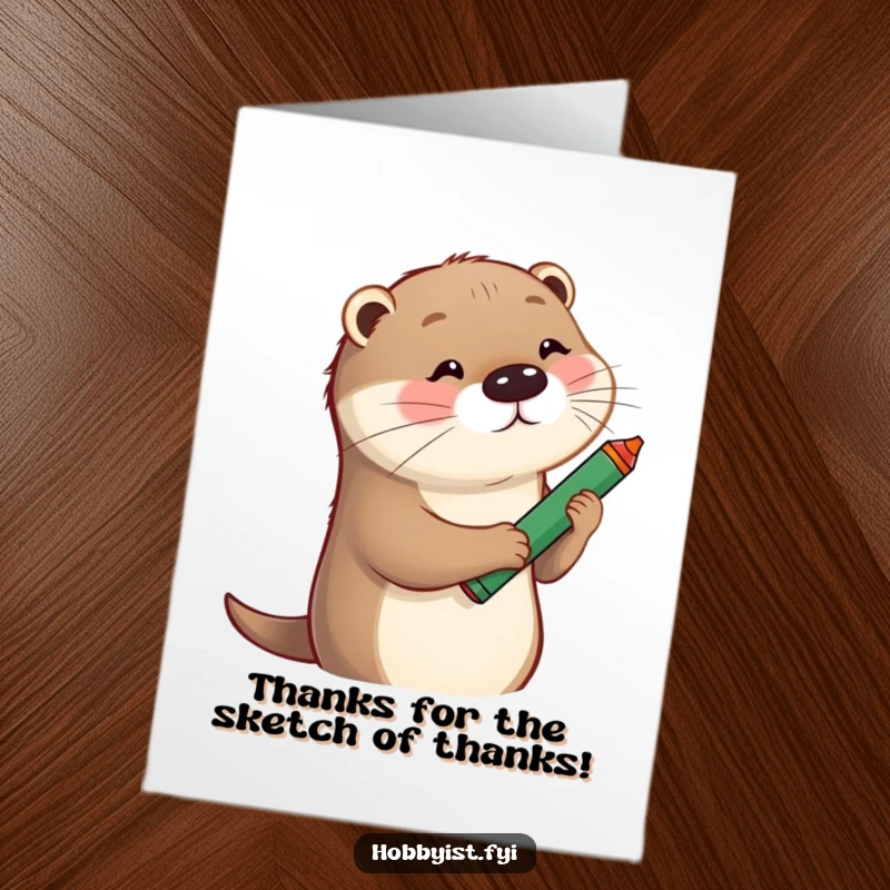 Funny Free Printable Thank You Card: A playful otter sketching a funny, abstract portrait with a large, colorful crayon.
