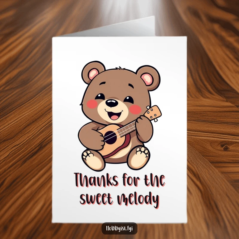 Funny Free Printable Thank You Card: Adorable bear strumming a miniature ukulele, offering thanks with a charming musical performance.