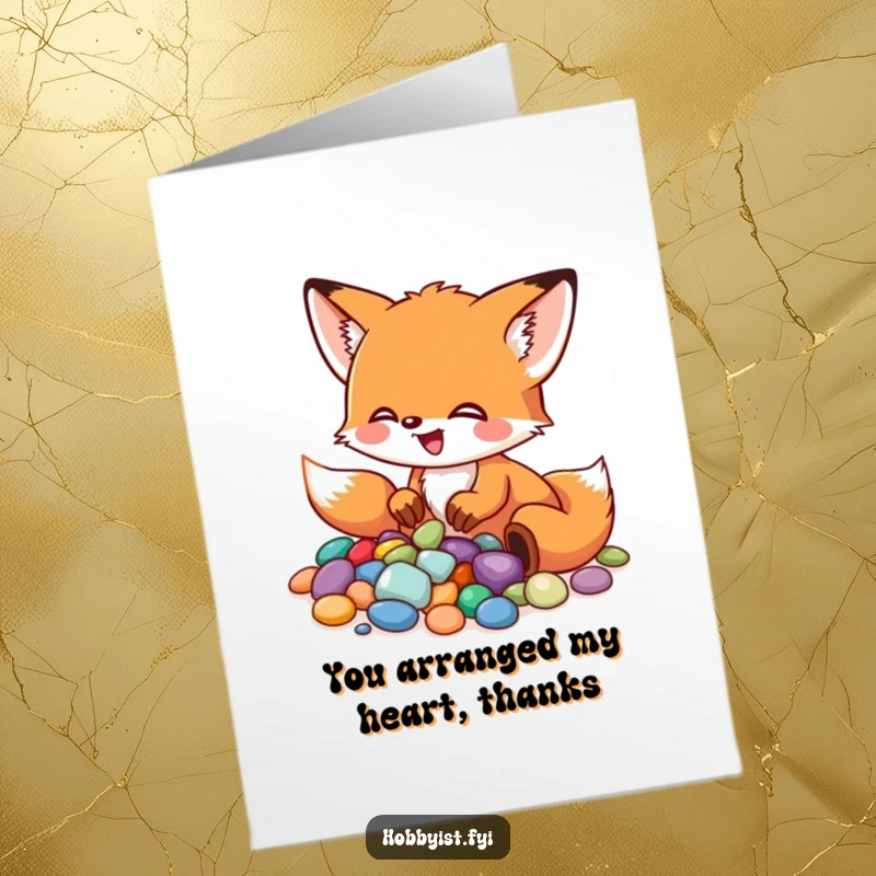 Funny Free Printable Thank You Card: A little fox enthusiastically creating a colorful pebble mosaic, expressing thanks with artistic precision.
