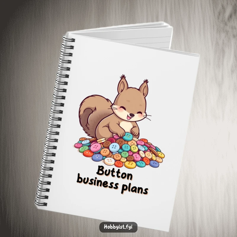 Funny notebook with a smiling squirrel sorting a pile of shiny buttons, designed for jotting down notes with humor.