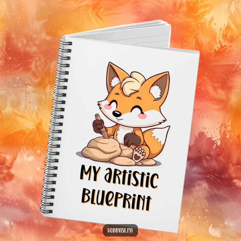 Funny mischievous fox sculpting clay with focus, on a notebook cover, ideal for humorous journaling and gifting.
