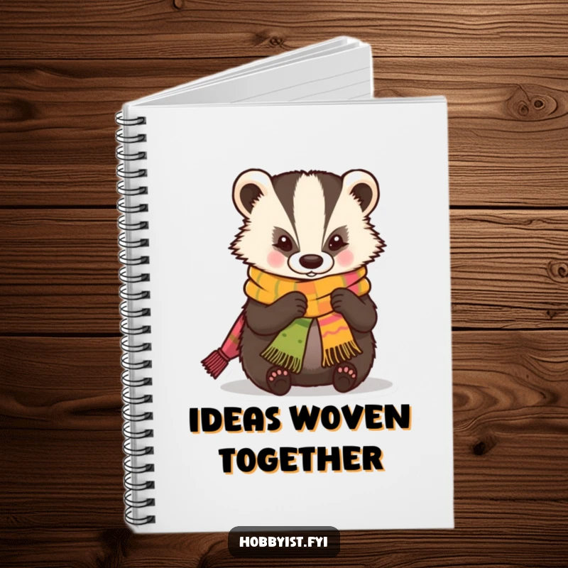 Funny Notebook featuring a skilled kawaii badger expertly knitting a small, colorful scarf, perfect for noting knitting patterns.