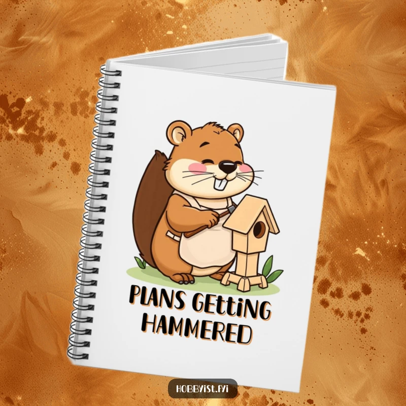 Funny beaver notebook with apron, happily hammering a miniature birdhouse, ideal for jotting down hilarious plans.