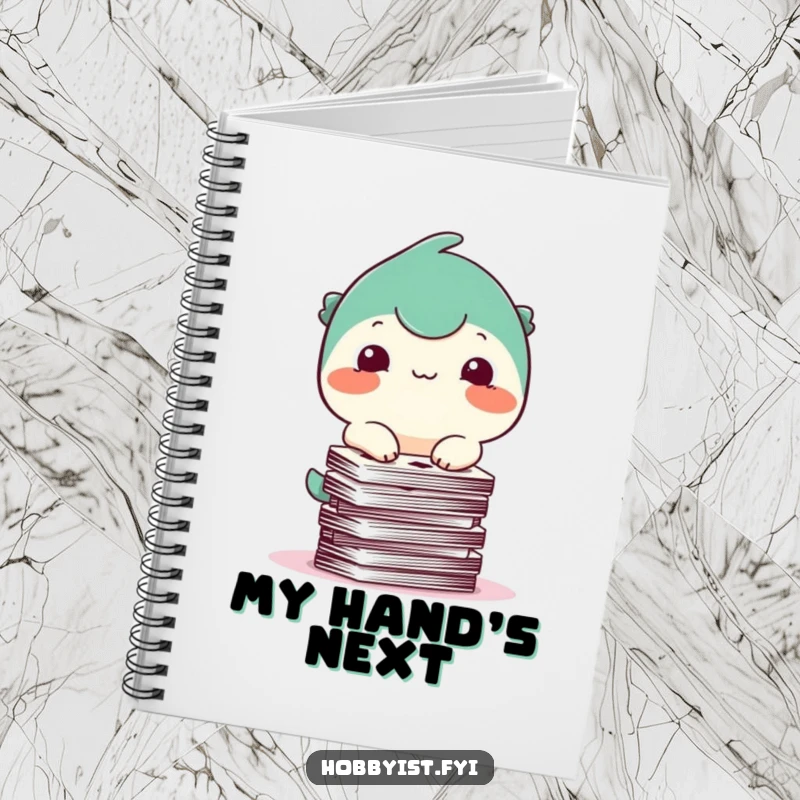 Funny Notebook: A happy creature with a small smile attempts to balance a stack of playing cards, inspiring humorous note-taking.