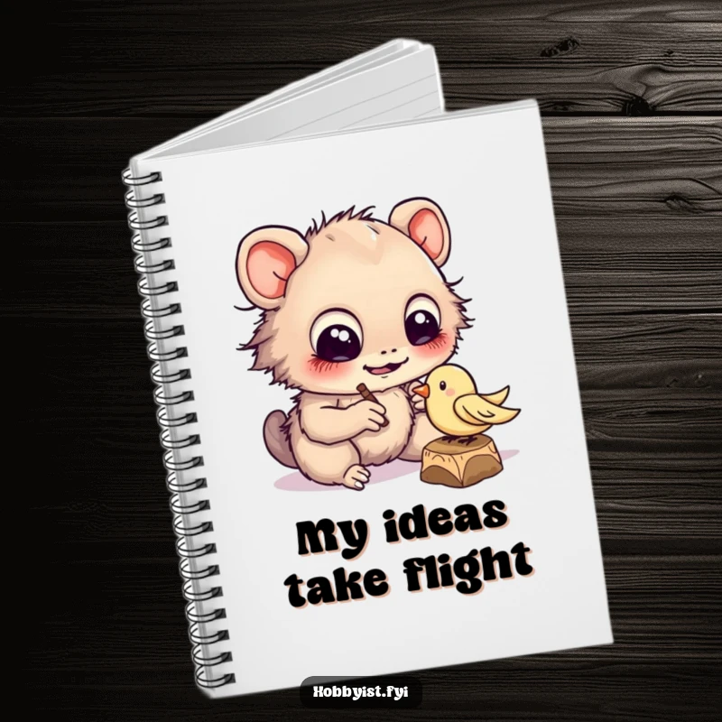 Funny cheerful creature with large eyes diligently carving a tiny wooden bird, on a notebook cover for artisans.