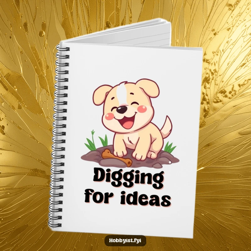 Funny notebook for dog lovers featuring a happy dog energetically digging a hole, with a bone nearby, perfect for notes.