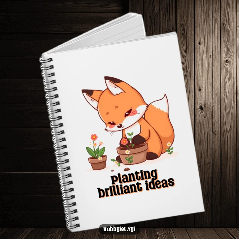 Funny Notebook featuring a determined kawaii fox meticulously tending a small pot of blooming flowers, perfect for garden notes.