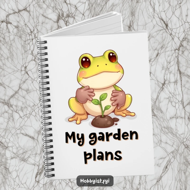Funny Frog Notebook: A playful frog with tiny gardening gloves tends to a miniature sprout, ideal for journaling about nature, a lovely funny gift.