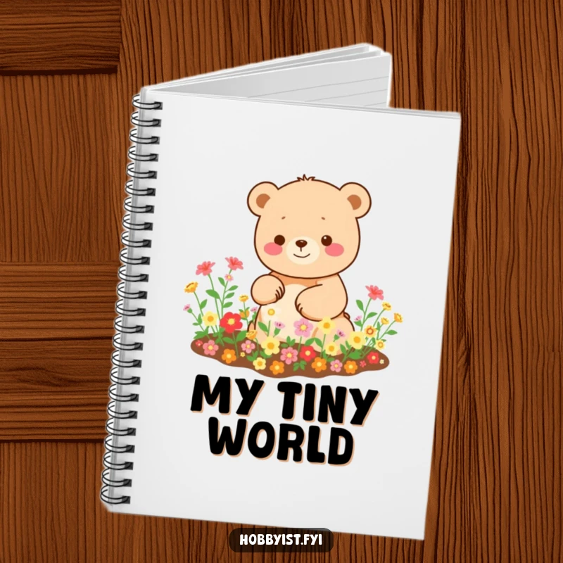 Funny Kawaii bear notebook, with a happy bear tending a miniature garden, ideal for jotting down gardening plans and creative ideas.