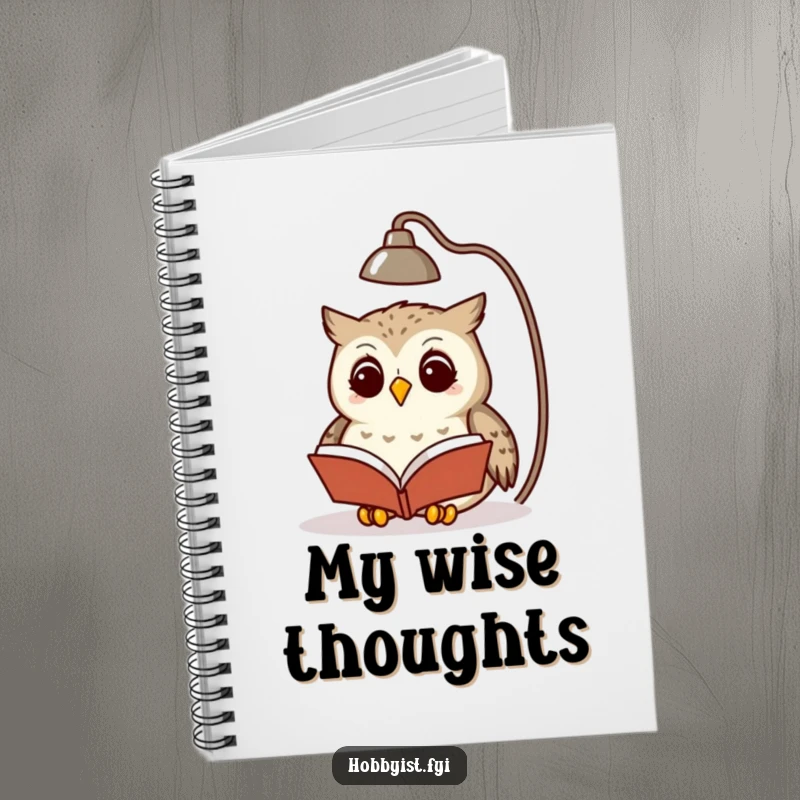 Funny owl reading a book under a lamp, on the cover of a lined notebook, great for writers and students.