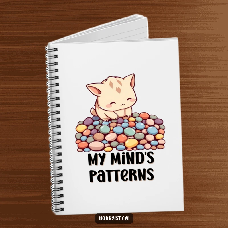 Funny curious creature with pointy ears meticulously arranging colorful pebbles into a pattern, on a notebook cover for organizers.