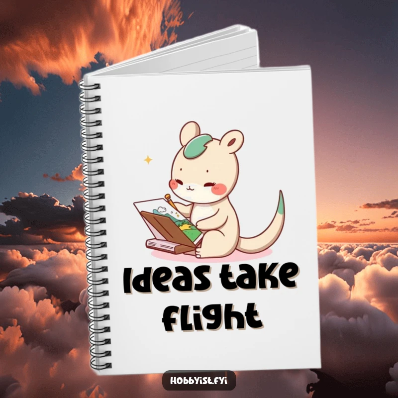 Funny notebook with a delighted long-tailed creature sketching a whimsical landscape, designed for capturing creative ideas