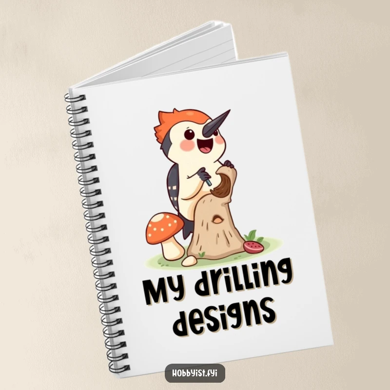 Funny notebook cover showing a joyful woodpecker drilling a small hole into a mushroom, great for jotting down nature observations.