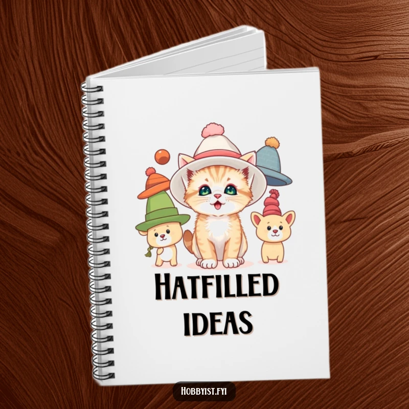 Funny notebook with a curious kitten delighting in trying on oversized hats, perfect for jotting down fashionable and humorous ideas.