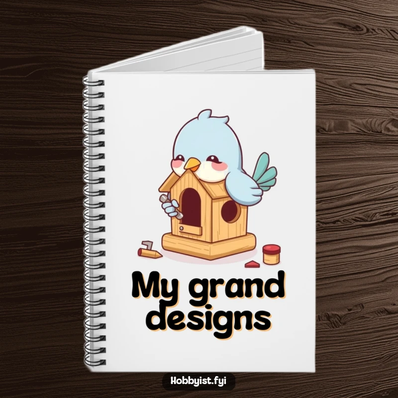 Funny Bird Building Notebook: A playful bird enthusiastically builds a miniature birdhouse with tiny tools, perfect for jotting down project ideas humorously.