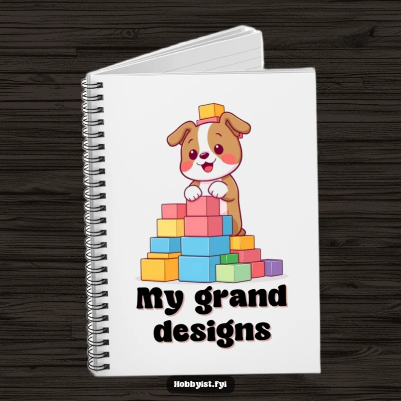 Funny, playful dog building a towering structure with colorful blocks, featured on a notebook cover, inspiring creative ideas and plans.