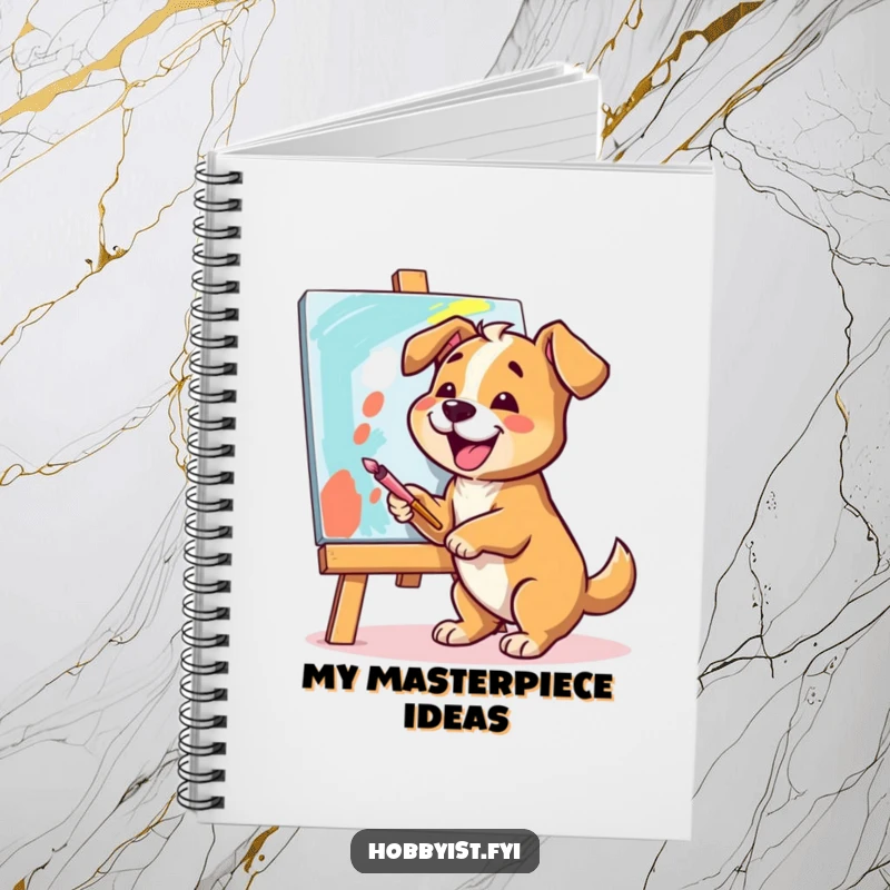 Funny Dog Artist Notebook: A cheerful dog joyfully paints a vibrant canvas with broad strokes, perfect for jotting down creative ideas humorously.
