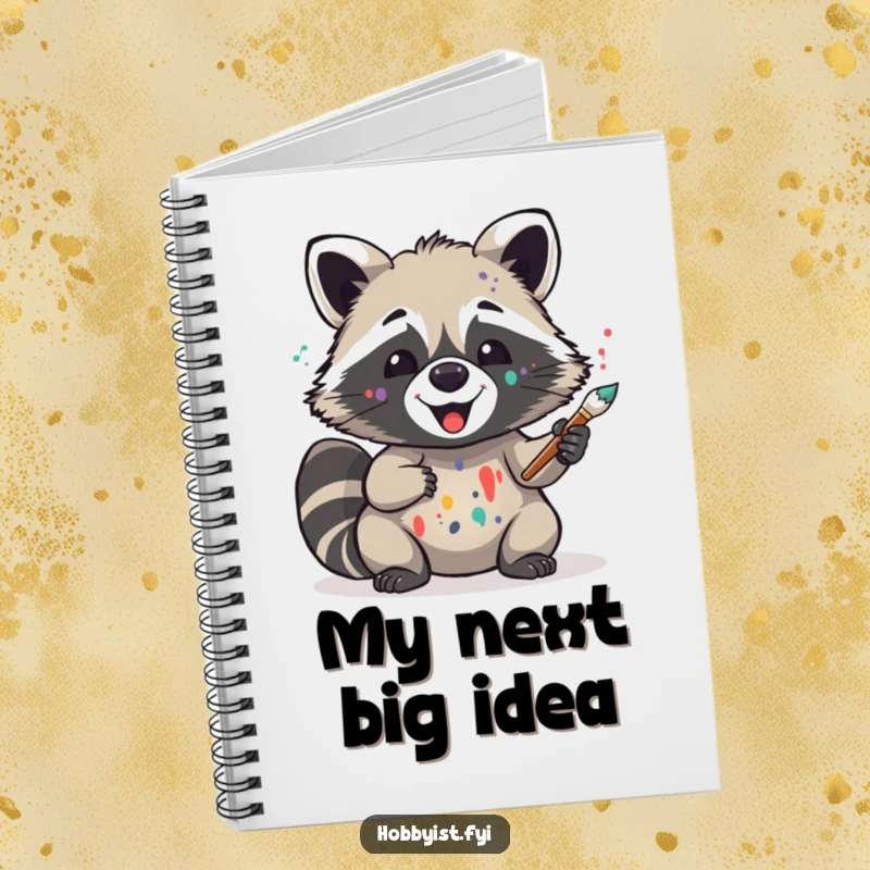 Funny notebook for artists featuring a delighted raccoon with paint splatters on its face, holding a paintbrush, ready for creative ideas.