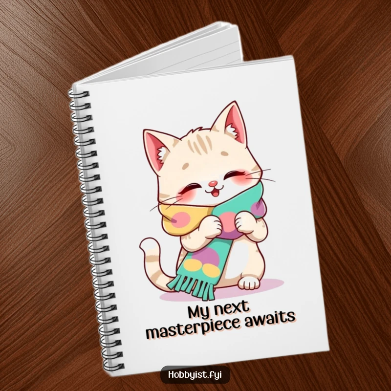 Funny cat notebook cover with a giggling cat knitting a huge, bright scarf, ideal for journaling.
