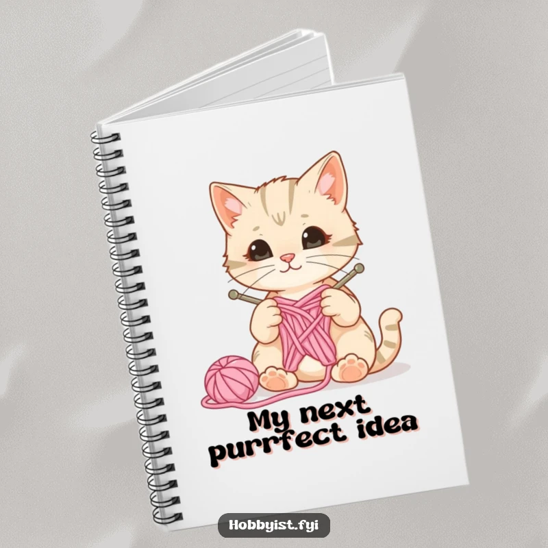 Funny notebook for knitters featuring a curious cat with knitting needles and yarn, a ball of wool bouncing, perfect for project planning.