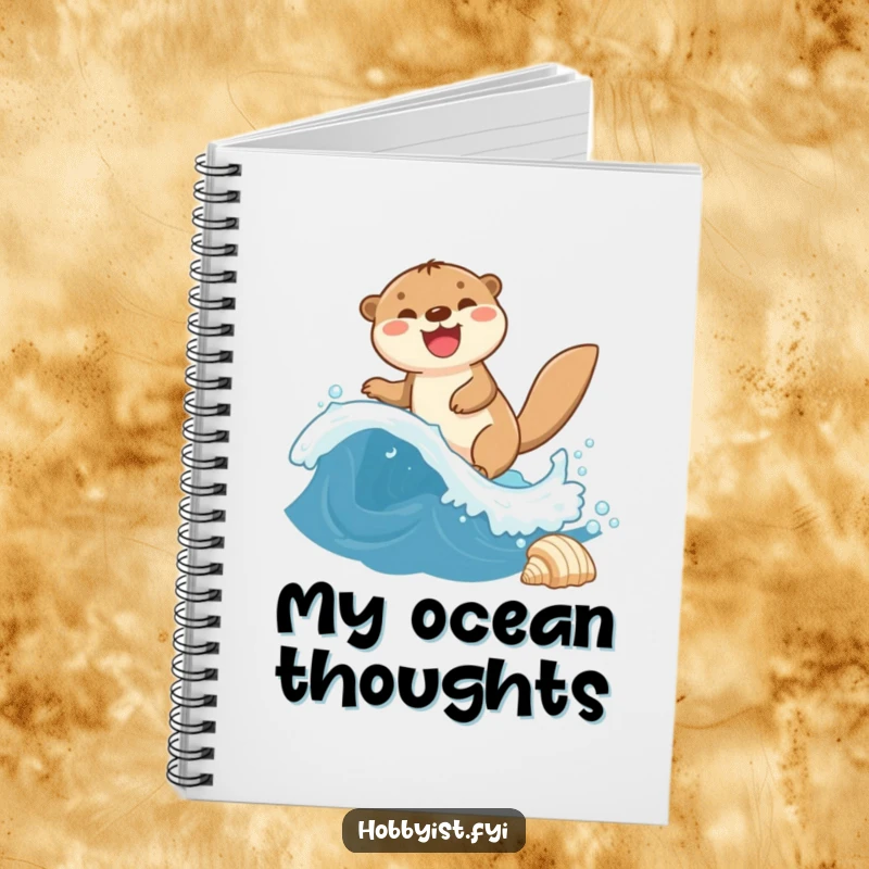 Funny Otter Notebook cover displays a giggling otter riding a miniature wave towards a seashell, ideal for notes and doodles.