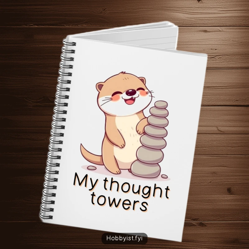 Funny Kawaii otter notebook, with a giggling otter gleefully balancing pebbles, ideal for jotting down playful ideas and notes.