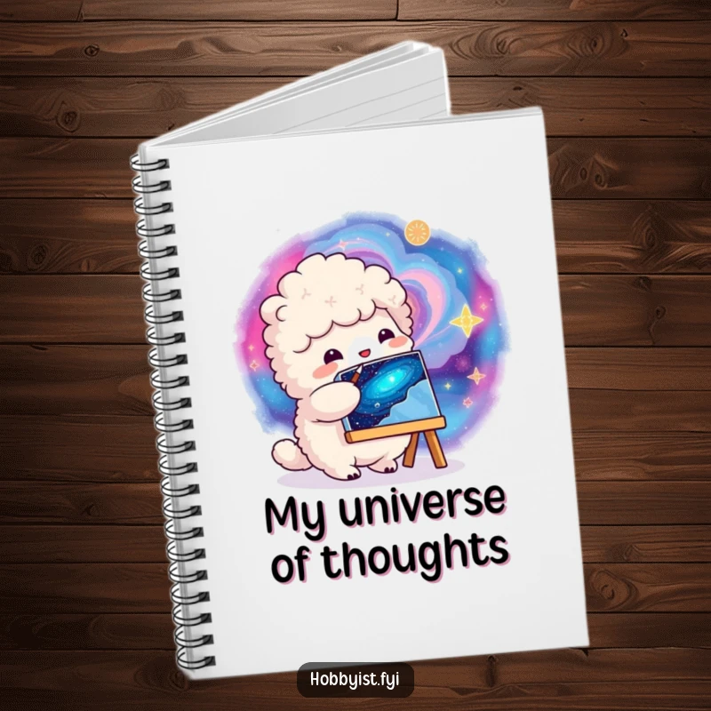 Funny fluffy creature painting a vibrant swirling galaxy on a small canvas, on a notebook cover for creative minds.