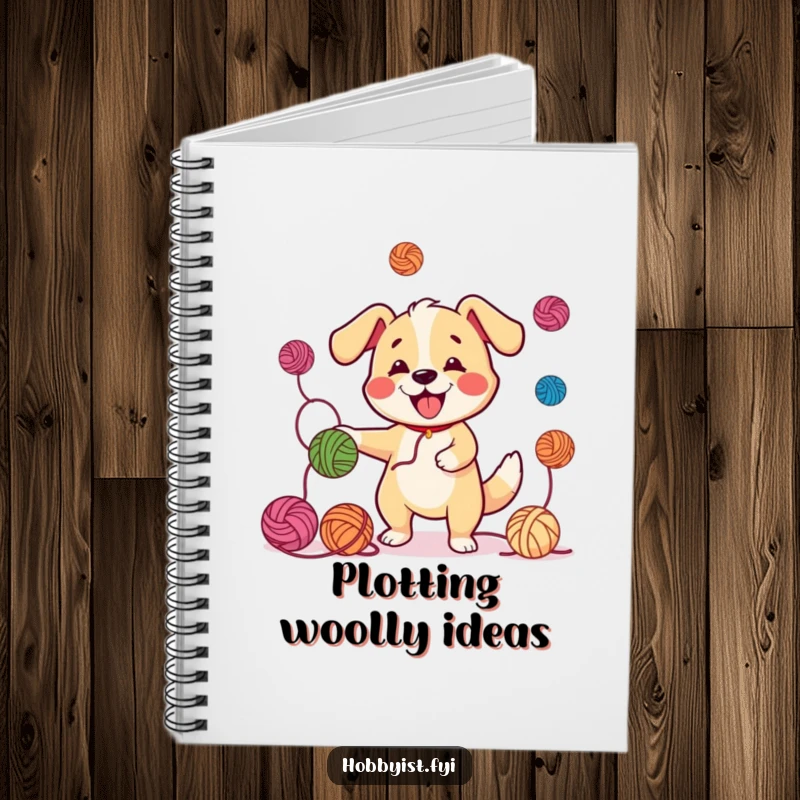 Funny Juggling Dog Yarn Notebook: A happy dog juggling yarn balls with a wagging tail, perfect for jotting down creative thoughts.