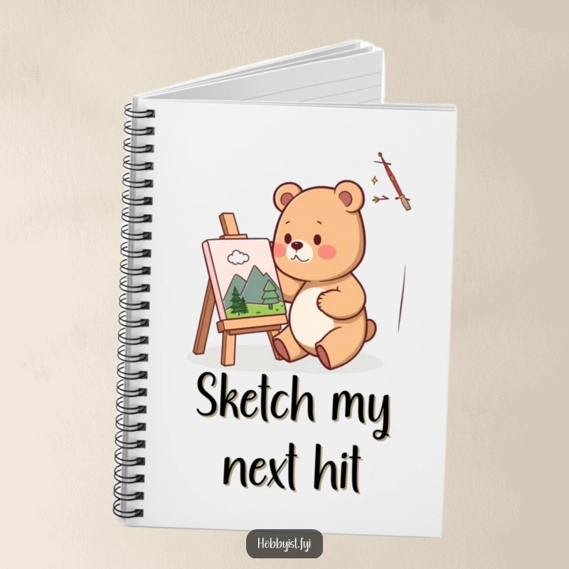 Funny Notebook with a cute bear artist happily painting a miniature landscape on a small canvas, perfect for capturing creative thoughts and ideas.