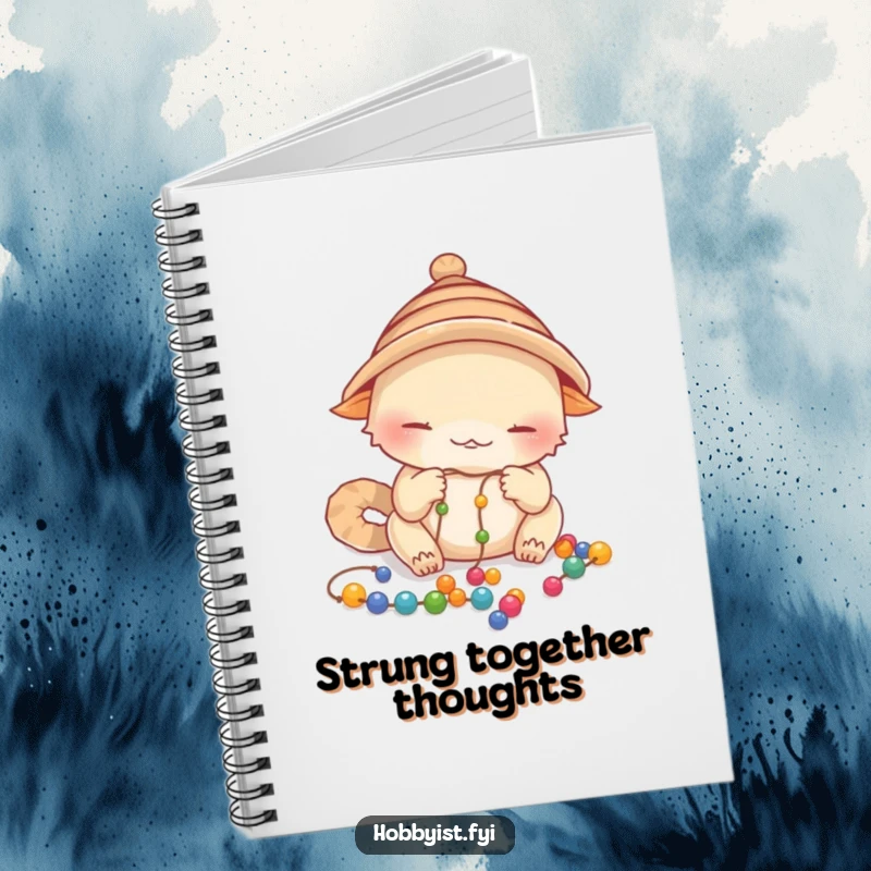 Funny Focused Creature Notebook: a creature in a tiny hat carefully stringing colorful beads onto a delicate thread, perfect for journaling, a funny gift.