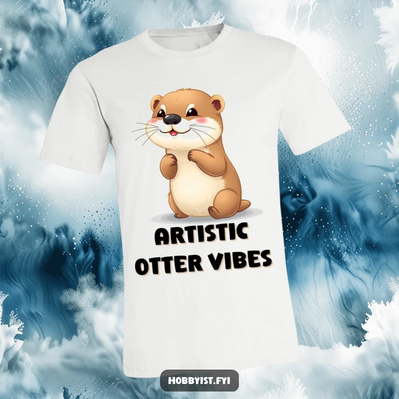 Funny T-shirt with a playful otter enthusiastically painting a small, colorful picture with a brush and palette.