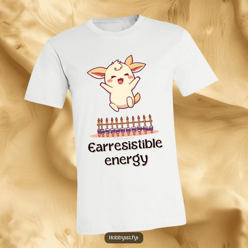 Funny Leaping Creature T-Shirt: an energetic character with large flapping ears leaping enthusiastically over miniature knitting needles, a funny gift.
