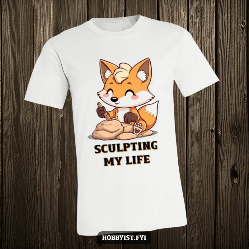 Funny mischievous fox enthusiastically sculpting clay with intense focus, on a t-shirt, a humorous and artistic gift.