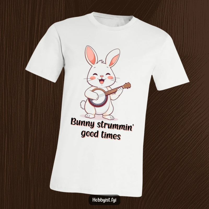Funny T-shirt featuring a joyful bunny passionately playing a tiny banjo, radiating musical energy and happiness.
