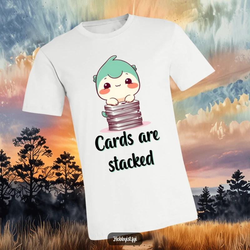 Funny T-Shirt: A happy creature with a small smile attempts to balance a wobbly stack of playing cards, looking endearingly clumsy.