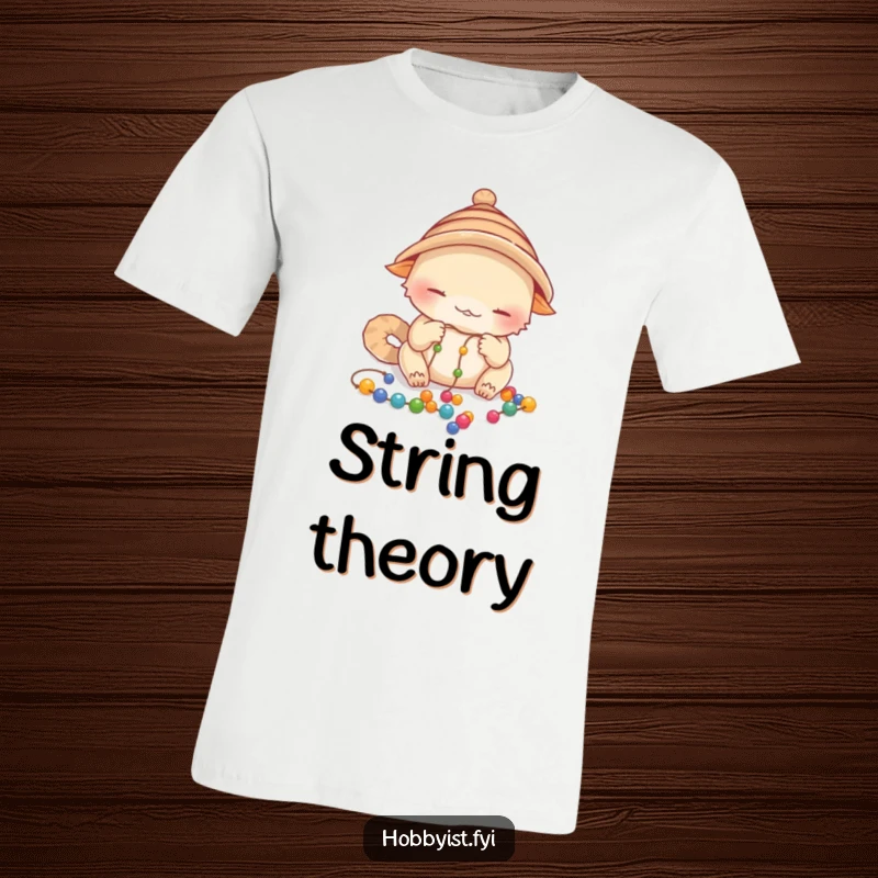 Funny Focused Creature T-Shirt: a creature wearing a small hat carefully threading colorful beads onto a delicate string, a focused funny gift.